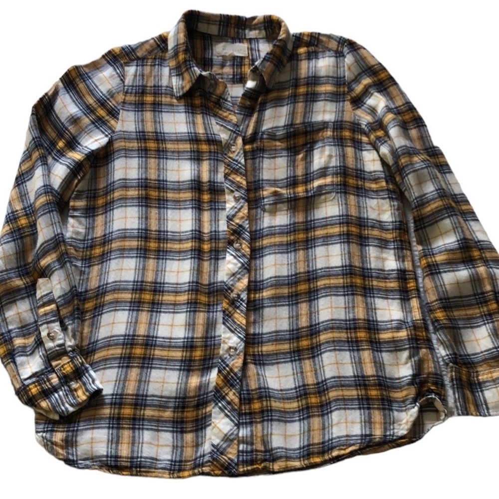 Melloday Yellow, Navy, & White Button-down Super Soft Flannel Shirt | Size Small